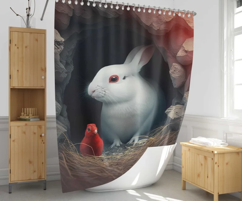 Red Bird and White Rabbit Shower Curtain 1