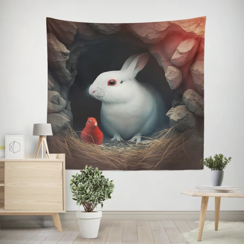 Red Bird and White Rabbit Wall Tapestry