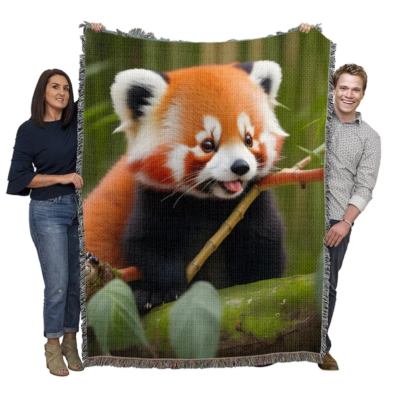 Red Panda Feasting in the Bamboo Forest Woven Blanket