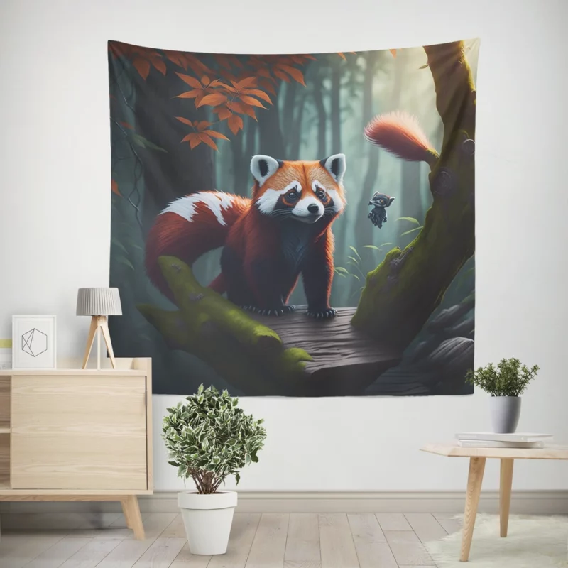 Red Pandas Forest Oasis with Waterfall Wall Tapestry