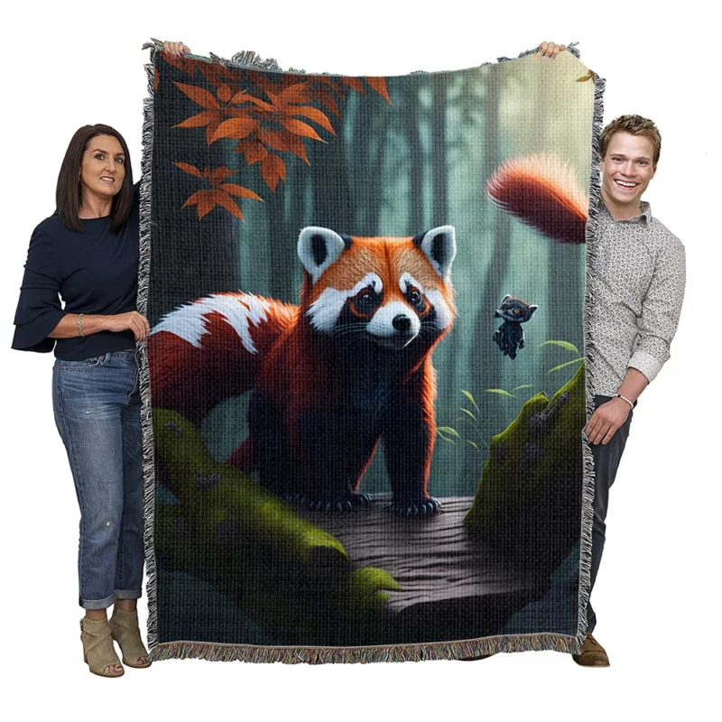 Red Pandas Forest Oasis with Waterfall Woven Blanket