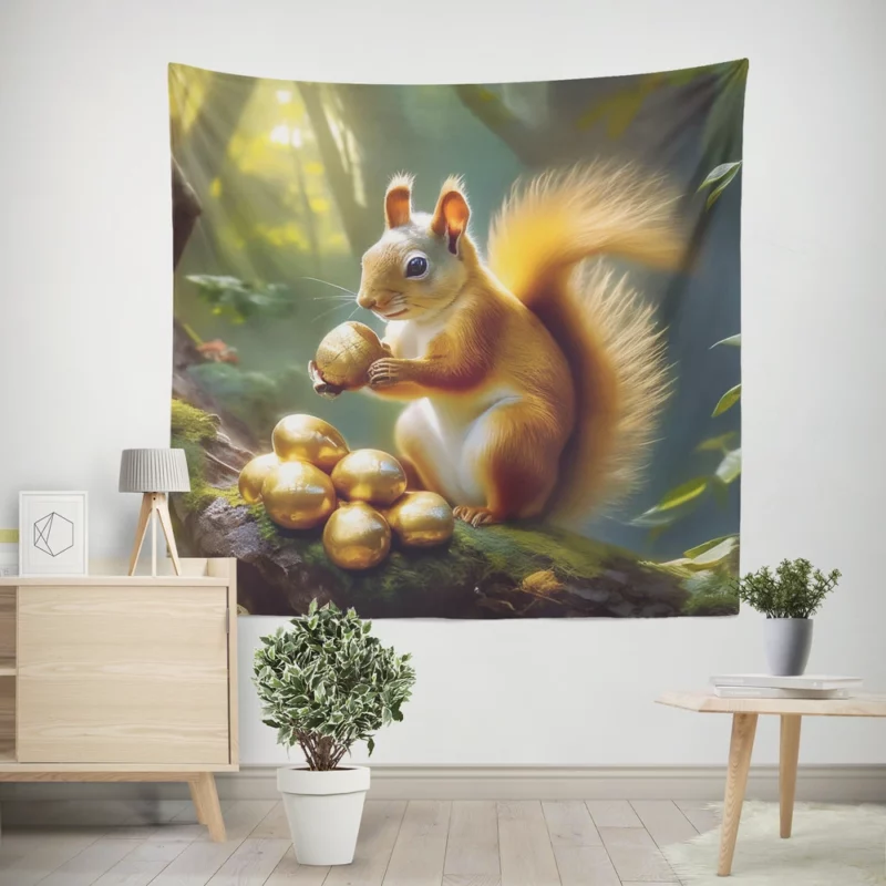 Red Squirrel and Golden Nuts in the Forest Wall Tapestry