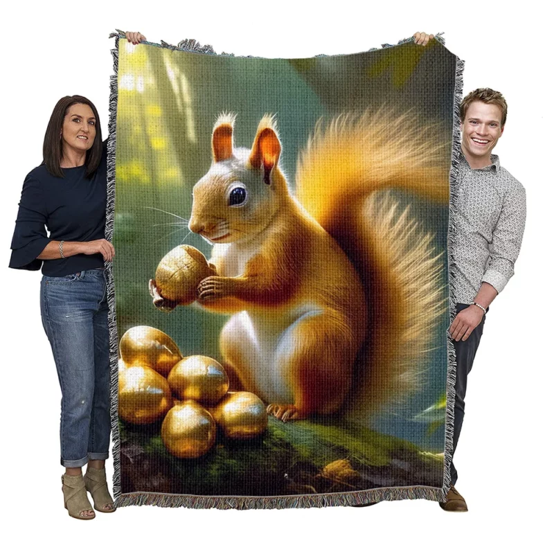 Red Squirrel and Golden Nuts in the Forest Woven Blanket