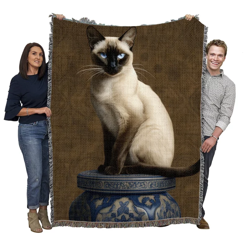 Regal Siamese Cat Portrait Woven Blanket