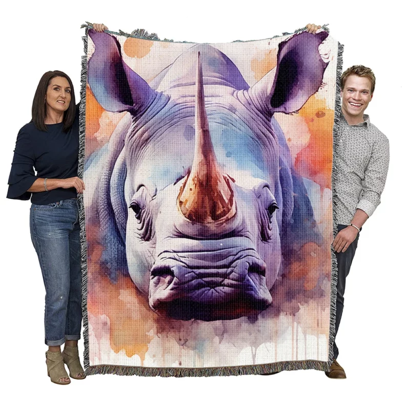Rhino Watercolor Abstract Art Woven Blanket
