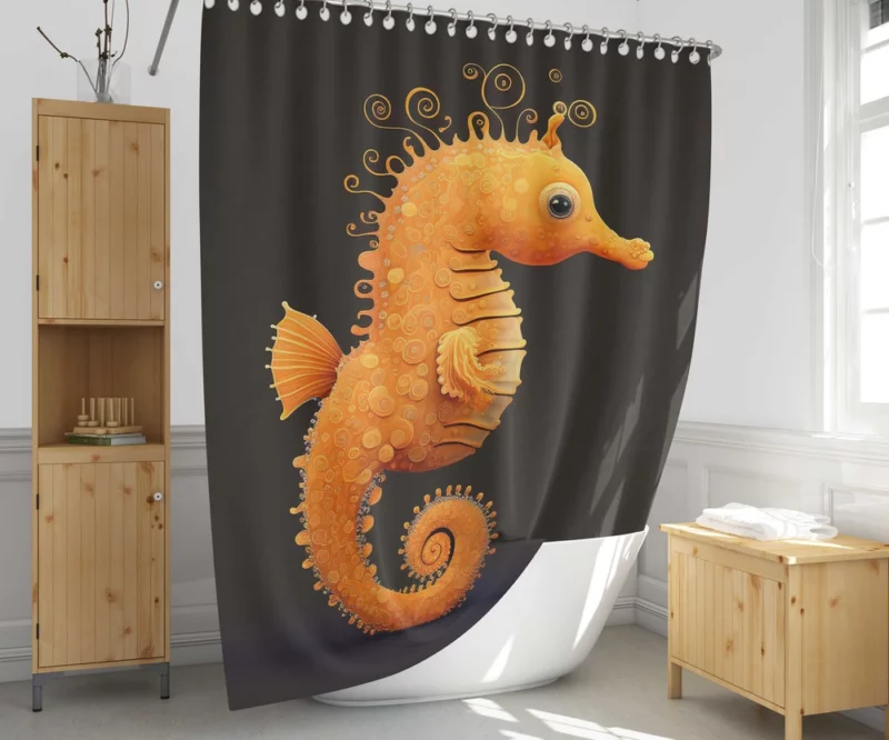 Seahorse Drawing on Black Shower Curtain 1