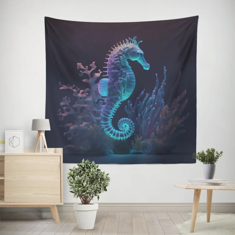 Seahorse Sitting on Coral Reef Wall Tapestry