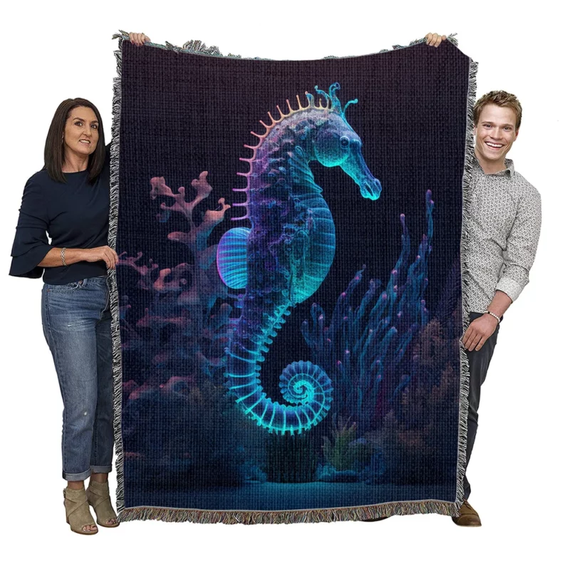 Seahorse Sitting on Coral Reef Woven Blanket