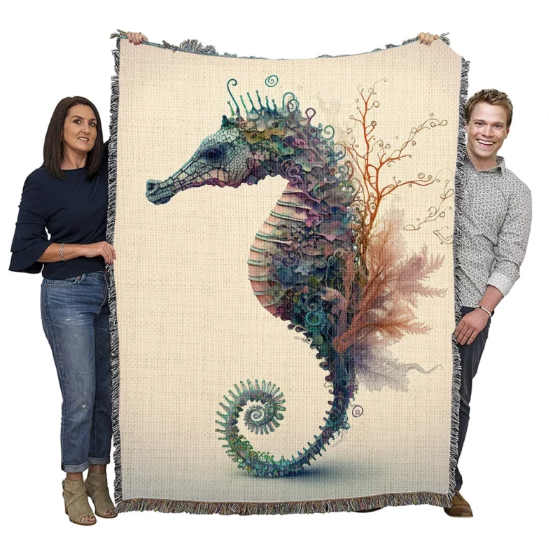 Seahorse Watercolor Illustration Woven Blanket