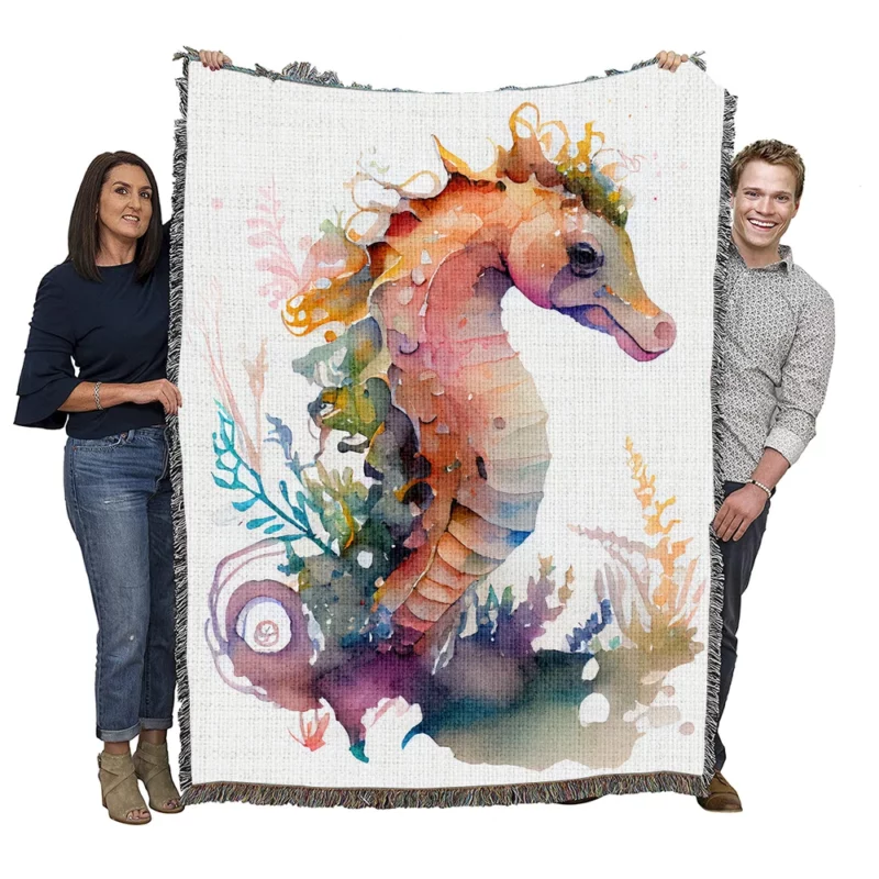 Seahorse Watercolor With Shell Woven Blanket