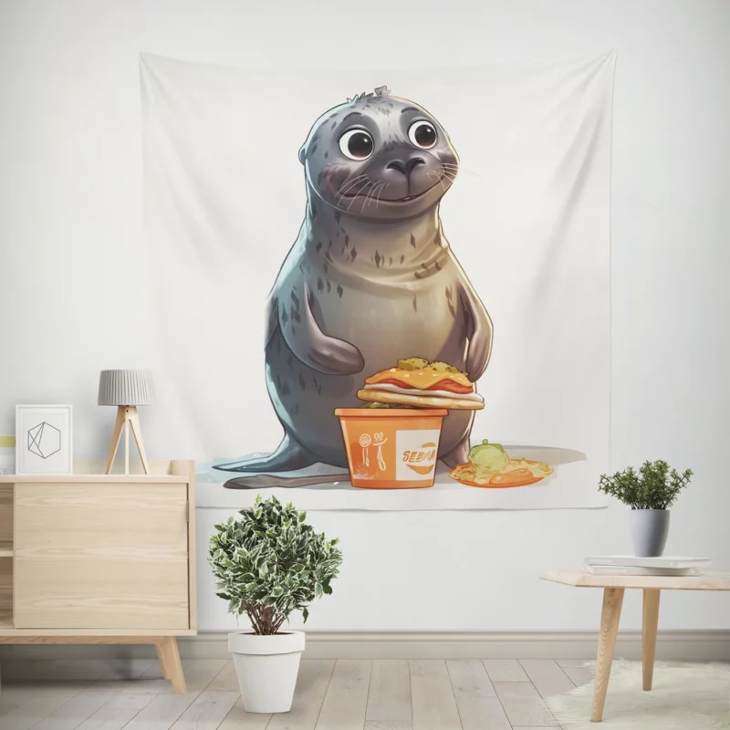 Seal Standing Near Food Wall Tapestry