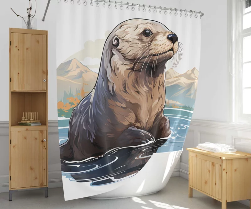 Seal in Deep Waters with Mountain Backdrop Shower Curtain 1