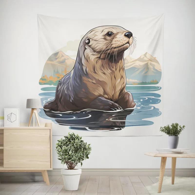 Seal in Deep Waters with Mountain Backdrop Wall Tapestry