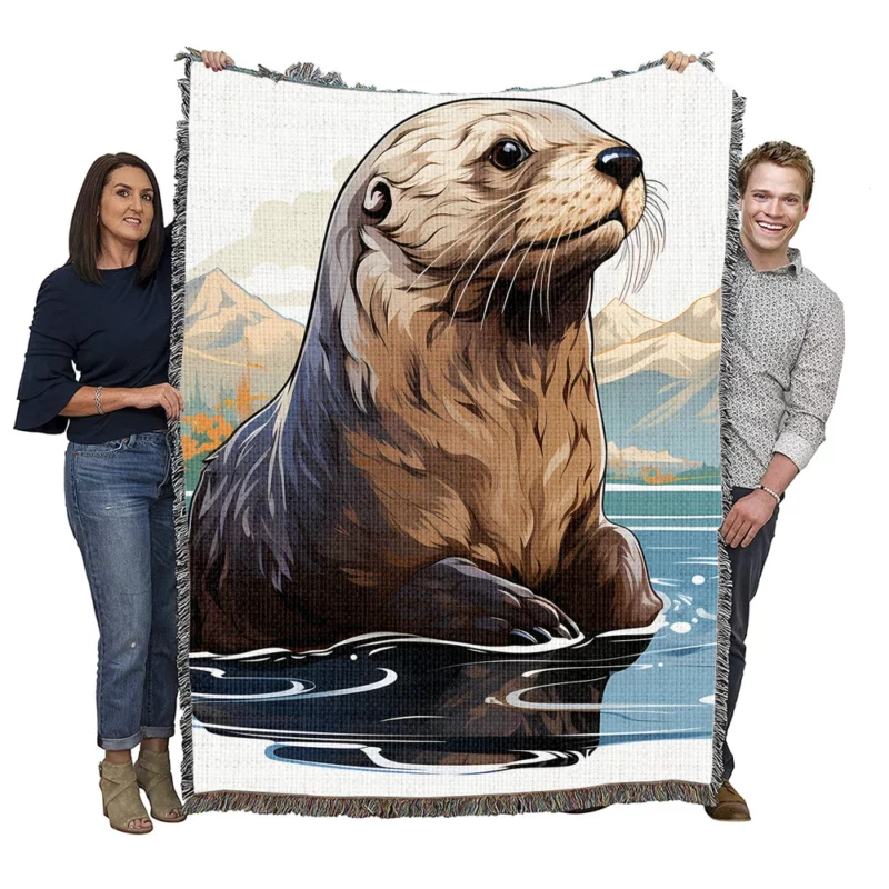 Seal in Deep Waters with Mountain Backdrop Woven Blanket