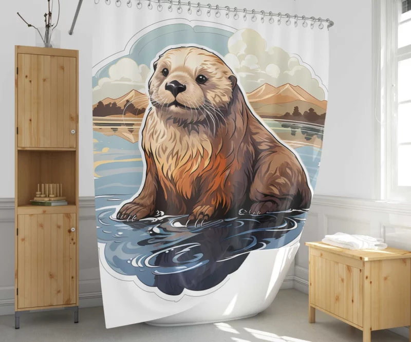 Seal in Picturesque Water and Mountain Scene Shower Curtain 1