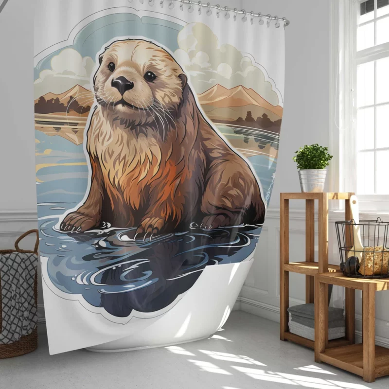 Seal in Picturesque Water and Mountain Scene Shower Curtain