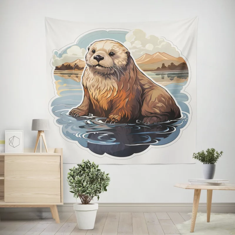Seal in Picturesque Water and Mountain Scene Wall Tapestry