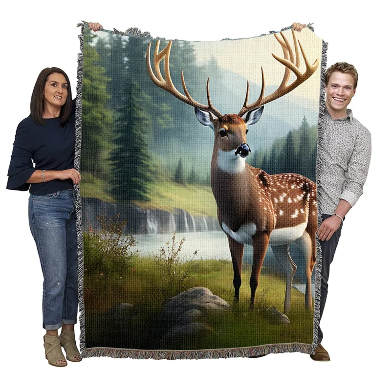 Serene Deer in Nature Woven Blanket