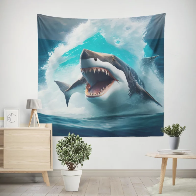 Shark Swimming with Mouth Wide Open Wall Tapestry