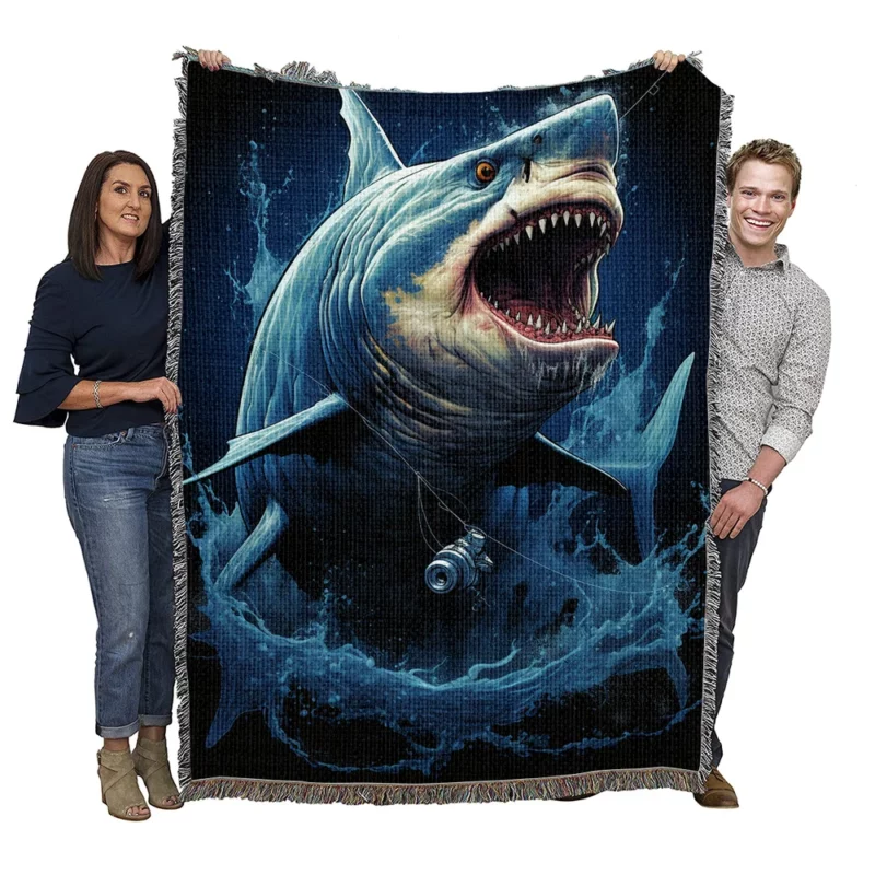 Shark with Fishing Hook in Its Mouth Woven Blanket