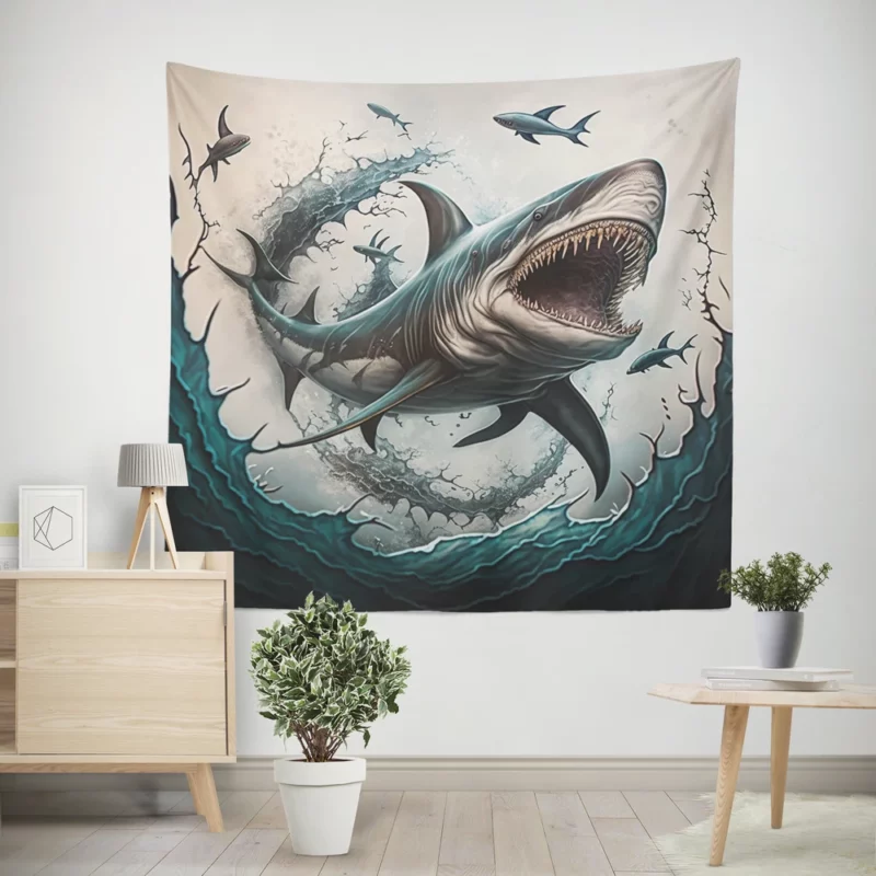 Shark with Open Mouth in Ocean Wall Tapestry