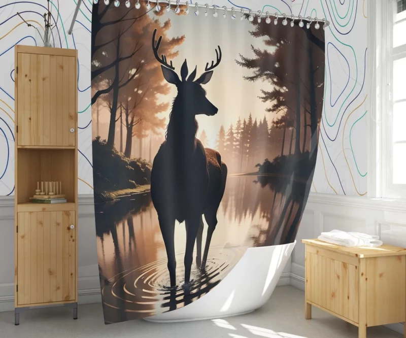 Silhouette by the Stream A Deer at Dusk Shower Curtain 1