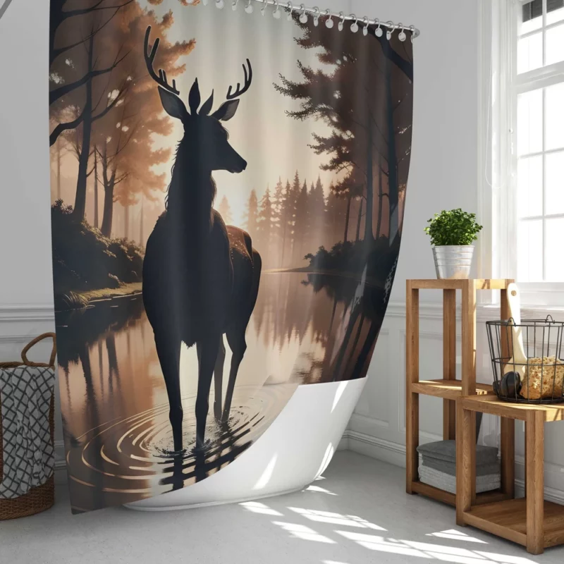 Silhouette by the Stream A Deer at Dusk Shower Curtain