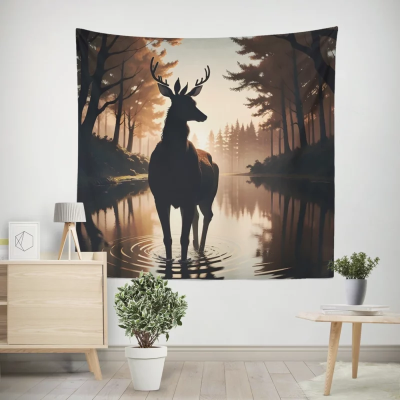 Silhouette by the Stream A Deer at Dusk Wall Tapestry