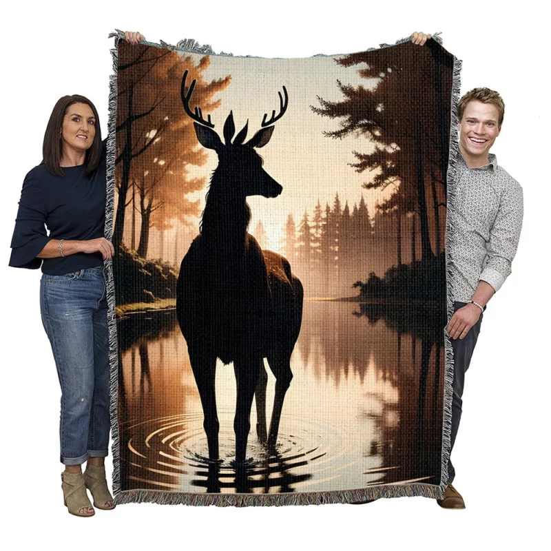 Silhouette by the Stream A Deer at Dusk Woven Blanket