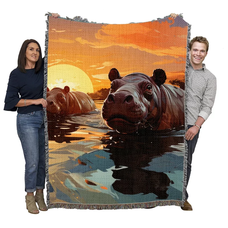 Silhouetted Hippos at Sunset Woven Blanket