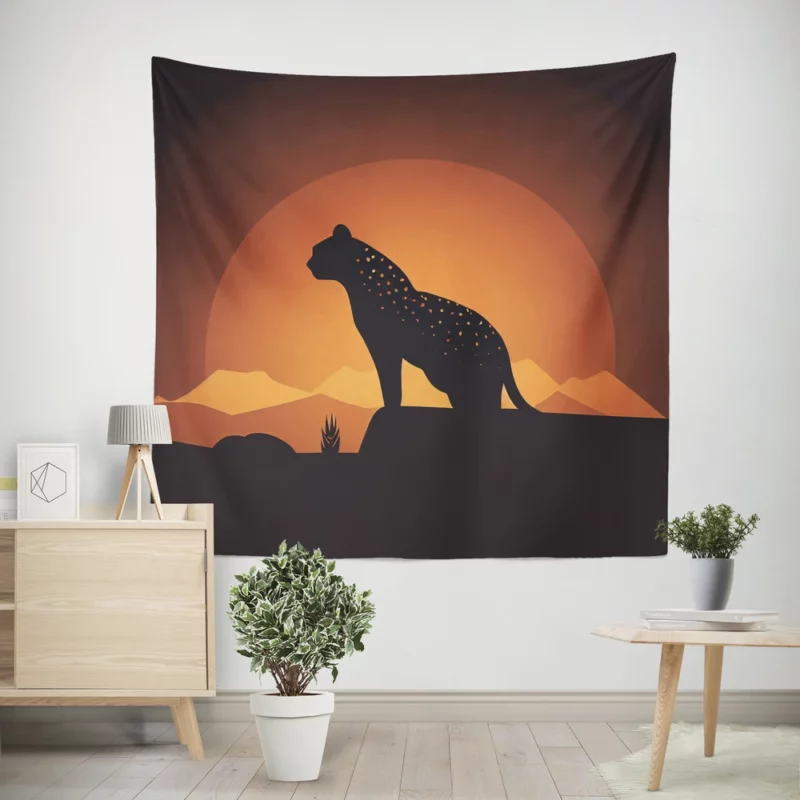 Silhouetted Leopard Sunset Wall Tapestry