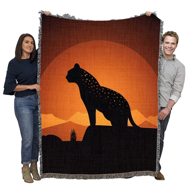 Silhouetted Leopard Sunset Woven Blanket