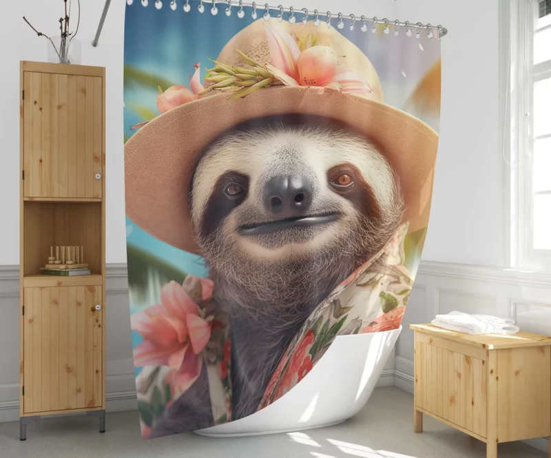 Sloth in Tropical Paradise with Blooming Flowers Shower Curtain 1