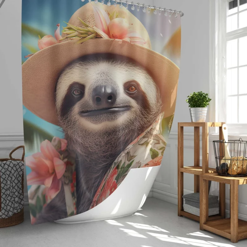 Sloth in Tropical Paradise with Blooming Flowers Shower Curtain