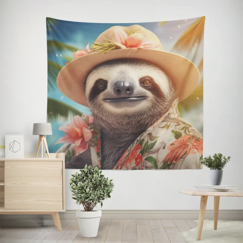 Sloth in Tropical Paradise with Blooming Flowers Wall Tapestry