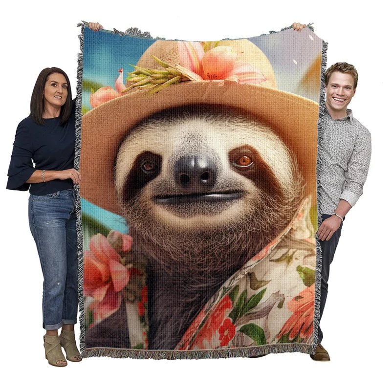 Sloth in Tropical Paradise with Blooming Flowers Woven Blanket