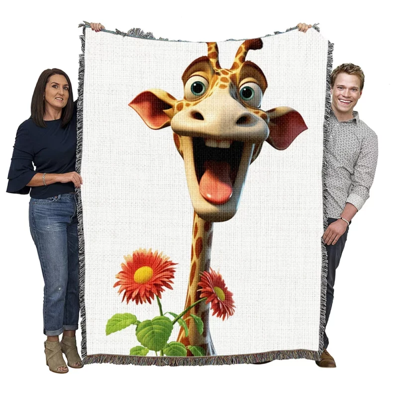 Smiling Giraffe With Flower Woven Blanket