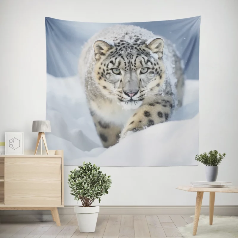 Snow Leopard Prowling in the Snowstorm Wall Tapestry