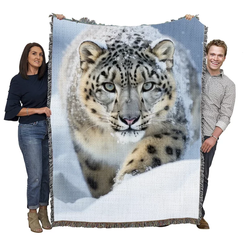 Snow Leopard Prowling in the Snowstorm Woven Blanket