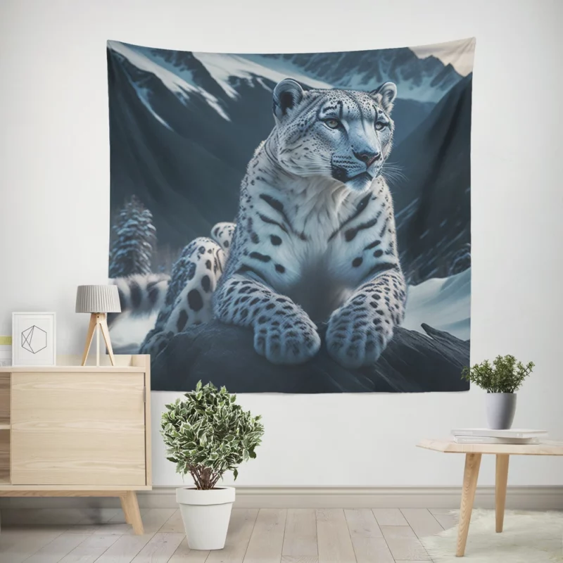 Snow Leopard Resting on Mountain Rocks Wall Tapestry