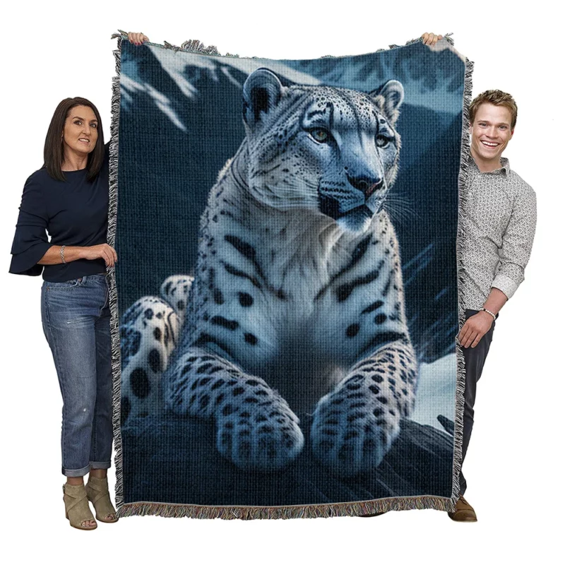 Snow Leopard Resting on Mountain Rocks Woven Blanket