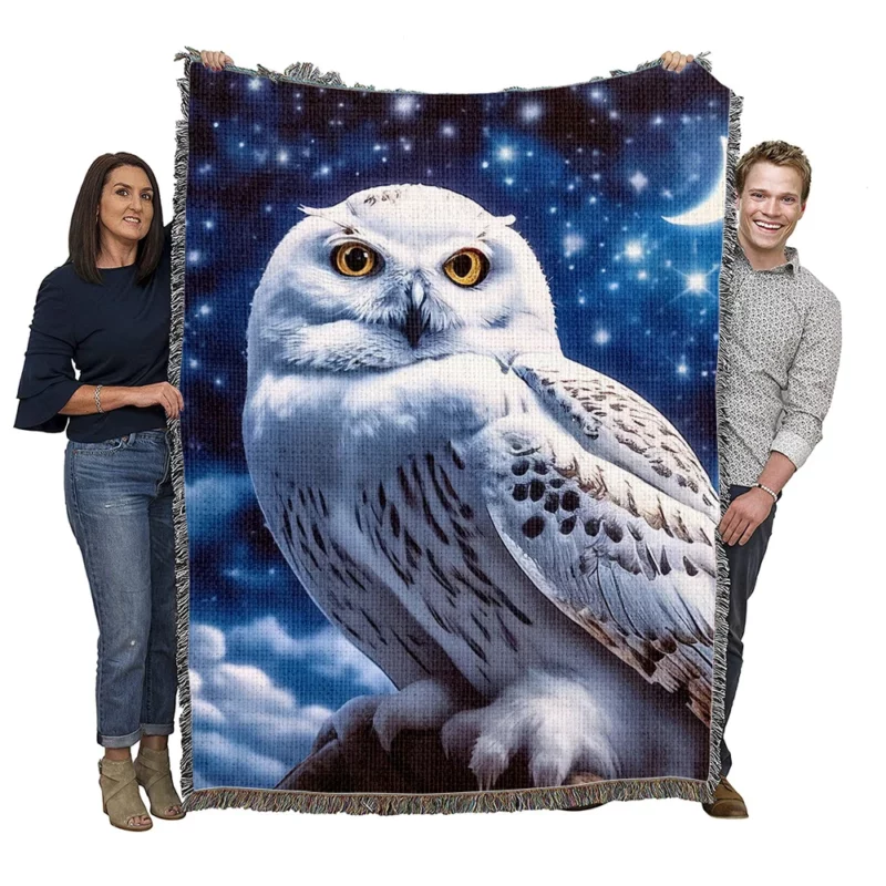 Snowy Owl Under Night Sky Woven Blanket