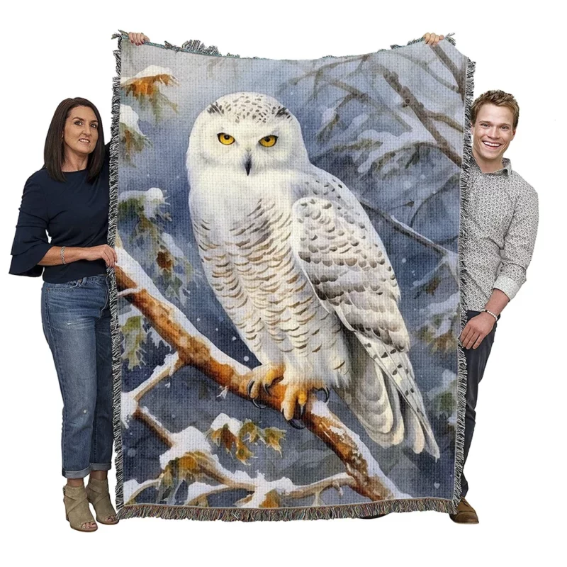 Snowy Owl in Snowy Forest Woven Blanket