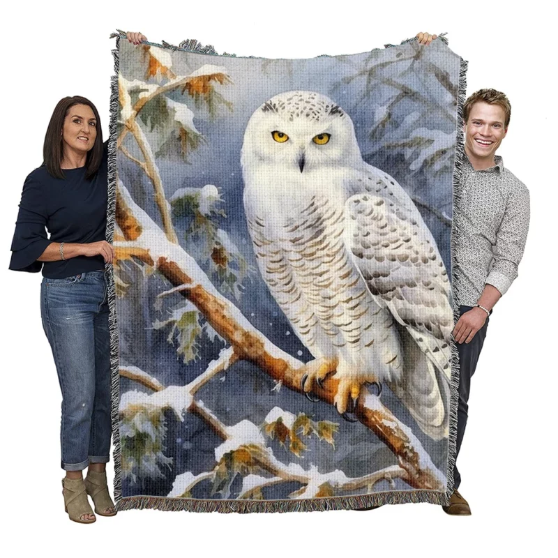 Snowy Owl in Winter Forest Woven Blanket