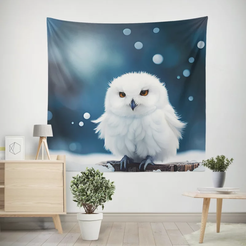 Snowy Owl on Log in Snow Wall Tapestry