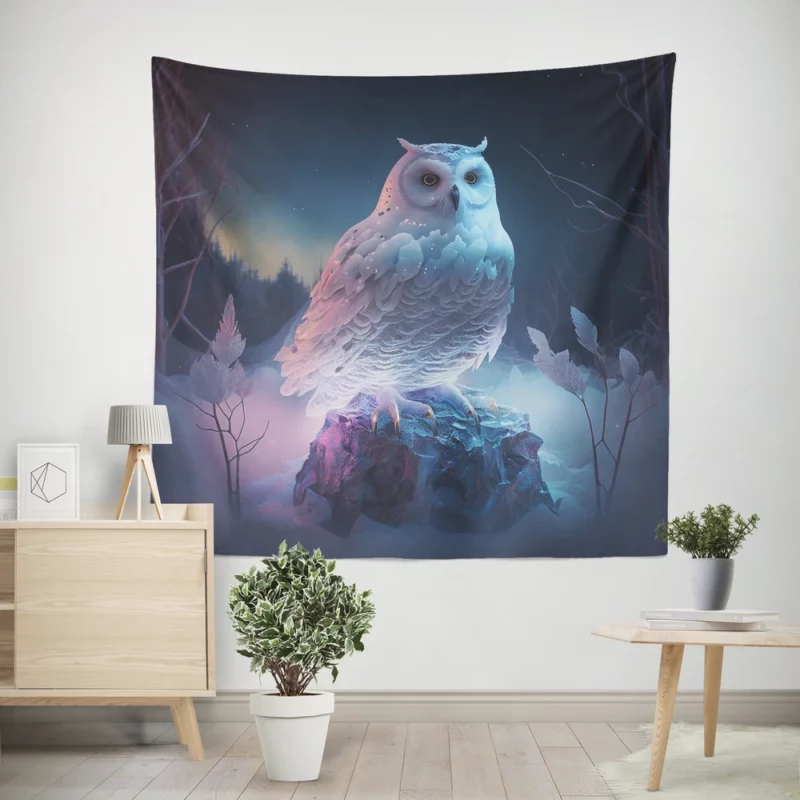 Snowy Owl on Rock Painting Wall Tapestry