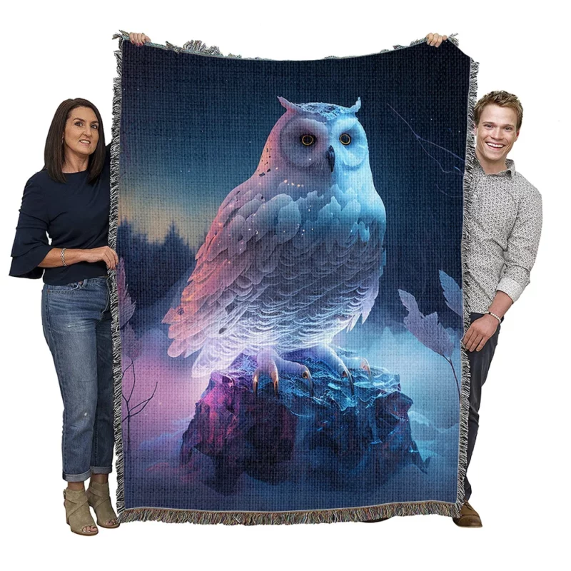 Snowy Owl on Rock Painting Woven Blanket