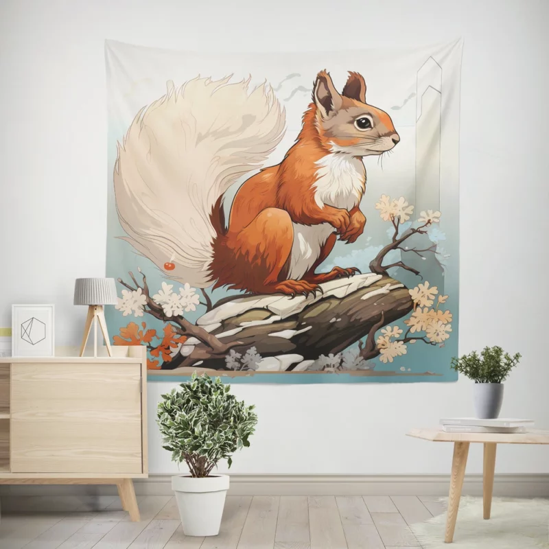 Squirrel on a Log with Its Portrait Wall Tapestry