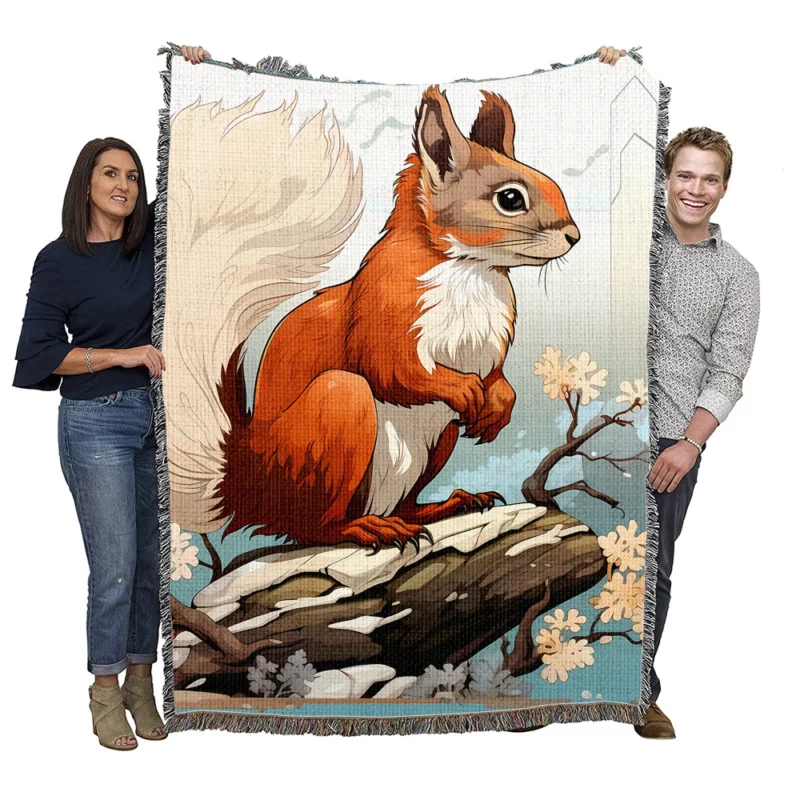 Squirrel on a Log with Its Portrait Woven Blanket