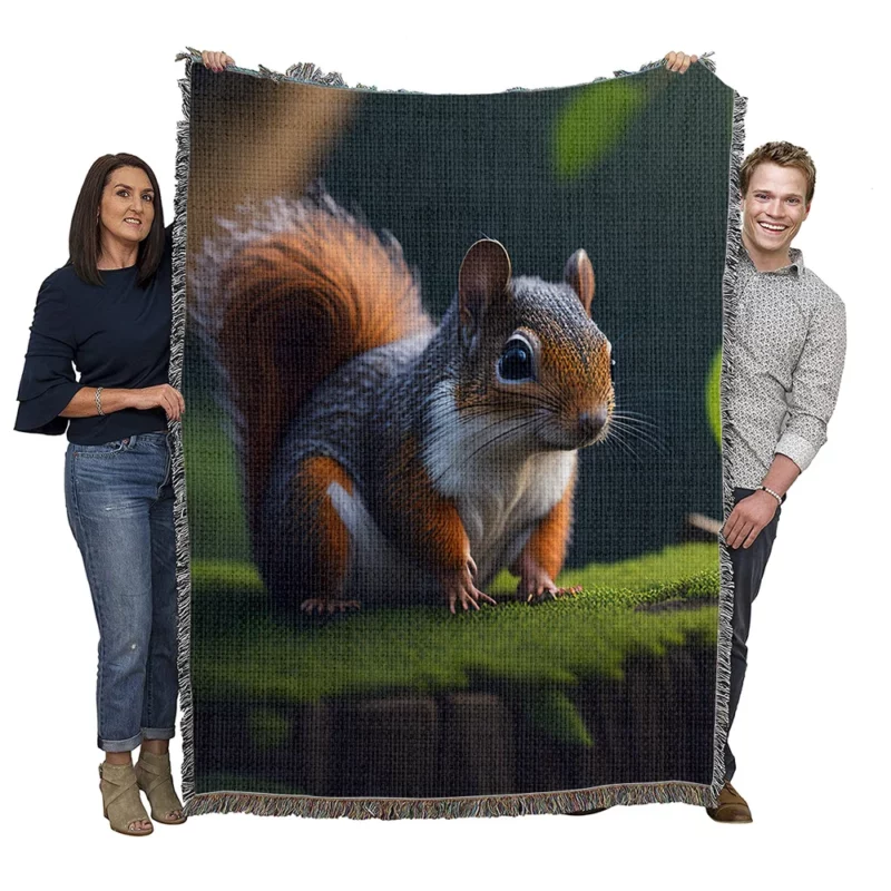 Squirrel on a Tree Stump with Bushy Tail Woven Blanket